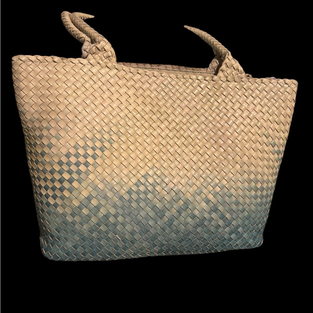 Elegant Woven Tote Bag - Beige and Blue smooth Leather made 🇮🇳 Indian Tote👜
